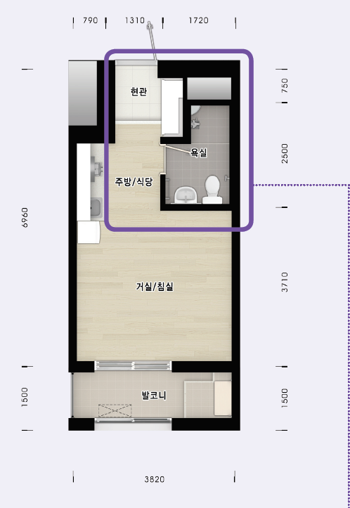 [인천검단 AA9블록 행복주택] 현관, 욕실(1720*2500), 주방/식당 겸 거실/침실(3820*6210), 발코니(3820*1500)