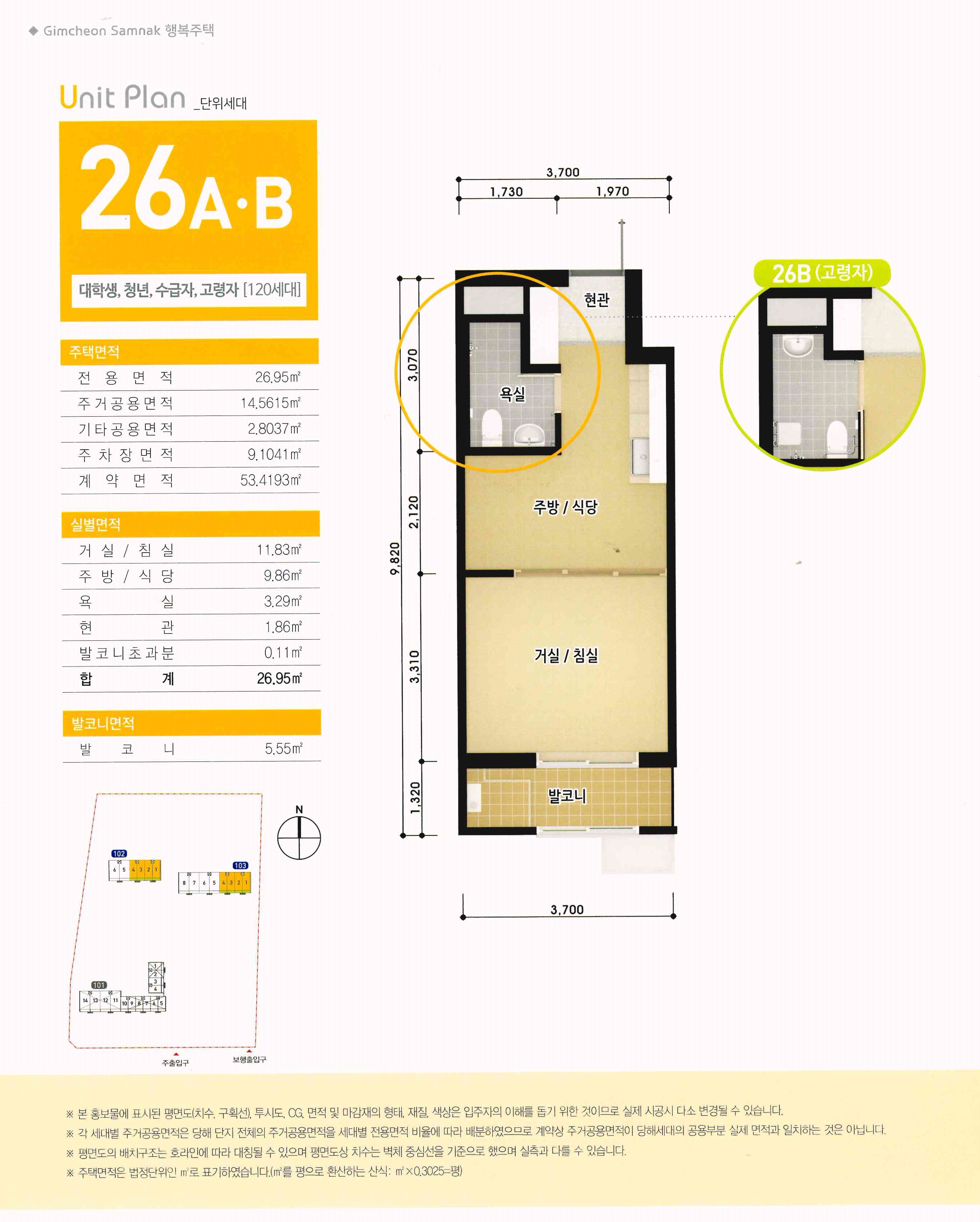 김천삼락 1블록 행복주택 기타평면도 : Gimcheon Samnak 행복주택 Unit Plan _단위세대 26A·B 대학생, 청년, 수급자, 고령자 [120세대] 주택면적 : 전용면적 26.95㎡ 주거공용면적 14.5615㎡ 기타공용면적 2.8037㎡ 주차장면적 9.1041㎡ 계약면적 53.4193㎡ / 실별면적 : 거실/침실 11.83㎡ 주방/식당 9.86㎡ 욕실 3.29㎡ 현관 1.86㎡ 발코니초과분 0.11㎡ 합계 26.95㎡ / 발코니면적 : 발코니 5.55㎡ / 전체면적(3,700 * 9,820) : 발코니(3,700*1,320), 거실/침실(3,700*3,310), 주방/식당, 욕실(1,730*3,070), 현관 / 26B (고령자) / ※ 본 홍보물에 표시된 평면도(치수, 구획선), 투시도, CG, 면적 및 마감재의 형태, 재질, 색상은 입주자의 이해를 돕기 위한 것이므로 실제 시공시 다소 변경될 수 있습니다. ※ 각 세대별 주거공용면적은 당해 단지 전체의 주거공용면적을 세대별 전용면적 비율에 따라 배분하였으므로 계약상 주거공용면적이 당해세대의 공용부분 실제 면적과 일치하는 것은 아닙니다. ※ 평면도의 배치구조는 호라인에 따라 대칭될 수 있으며 평면도상 치수는 벽체 중심선을 기준으로 했으며 실측과 다를 수 있습니다. ※ 주택면적은 법정단위인 ㎡로 표기하였습니다.(m²를 평으로 환산하는 산식:m²x0.3025=평)