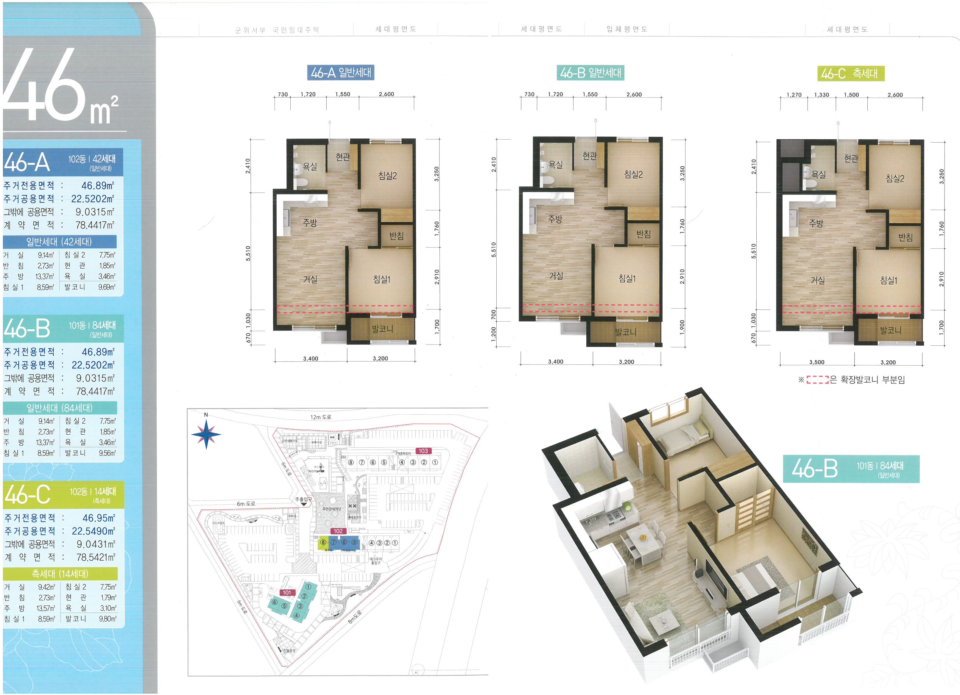 [46㎡] 46-A 102동(42세대-일반세대) : 주거전용면적(46.89㎡), 주거공용면적(22.5202㎡), 그밖에 공용면적(9.0315㎡), 계약면적(78.4417㎡) *일반세대(42세대)- 거실(9.14㎡), 반침(2.73㎡), 주방(13.37㎡), 침실1(8.59㎡), 침실2(7.75㎡), 현관(1.85㎡), 욕실(3.46㎡), 발코니(9.69㎡)/ 46-B 101동(84세대-일반세대) : 주거전용면적(46.89㎡), 주거공용면적(22.5202㎡), 그밖에 공용면적(9.0315㎡), 계약면적(78.4417㎡) *일반세대(84세대)-거실(9.14㎡), 반침(2.73㎡), 주방(13.37㎡), 침실1(8.59㎡), 침실2(7.75㎡), 현관(1.85㎡), 욕실(3.46㎡), 발코니(9.56㎡)/ 46-C 102동(14세대-측세대) : 주거전용면적(46.95㎡), 주거공용면적(22.5490㎡), 그밖에 공용면적(9.0431㎡), 계약면적(78.5421㎡) *측세대(14세대)- 거실(9.42㎡), 반침(2.73㎡), 주방(13.57㎡), 침실1(8.59㎡), 침실2(7.75㎡), 현관(1.79㎡), 욕실(3.10㎡), 발코니(9.80㎡)/ 거실,침실1의 발코니방향 일부는 확장발코니 부분임 / 101,102동