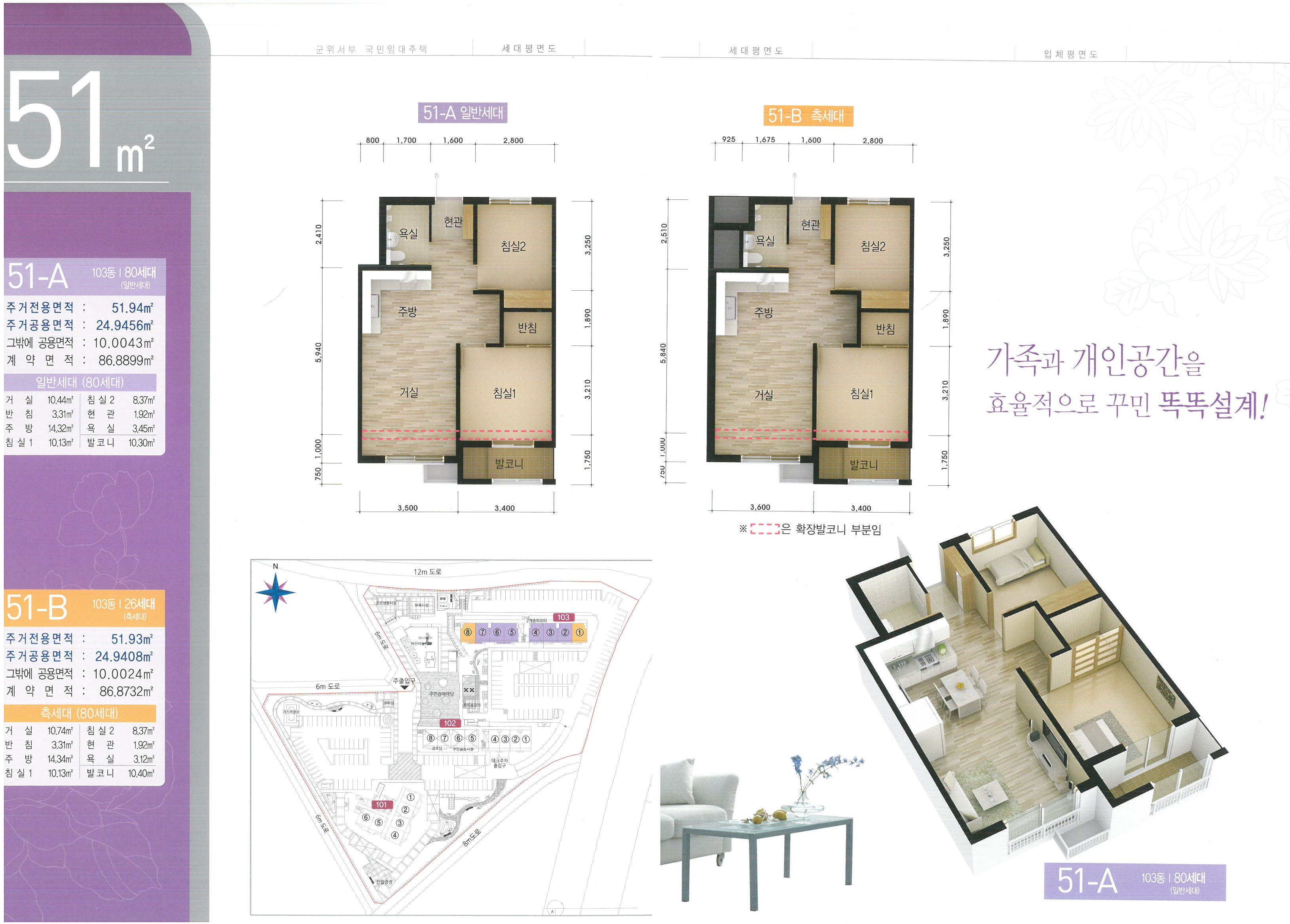 [51㎡] 51-A 103동(80세대-일반세대): 주거전용면적(51.94㎡), 주거공용면적(24.9456㎡), 그밖에 공용면적(10.0043㎡), 계약면적(86.8899㎡) *일반세대(80세대)- 거실(10.44㎡), 반침(3.31㎡), 주방(14.32㎡), 침실1(10.13㎡), 침실2(8.37㎡), 현관(1.92㎡), 욕실(3.45㎡), 발코니(10.30㎡)/ 51B 103동(26세대-측세대) : 주거전용면적(51.93㎡), 주거공용면적(24.9408㎡), 그밖에 공용면적(10.0024㎡), 계약면적(86.8732㎡) *측세대(80세대)-거실(10.74㎡), 반침(3.31㎡), 주방(14.34㎡), 침실1(10.13㎡), 침실2(8.37㎡), 현관(1.92㎡), 욕실(3.12㎡), 발코니(10.40㎡)/ 거실,침실1의 발코니 방향 일부는 확장발코니 부분임/ 가족과 개인공간을 효율적으로 꾸민 똑똑설계!/ 103동